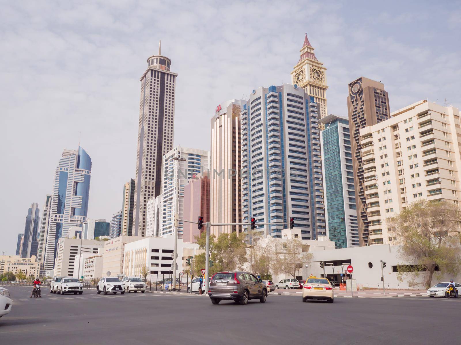 Panorama of tall Skyscrapers in skyline of Dubai