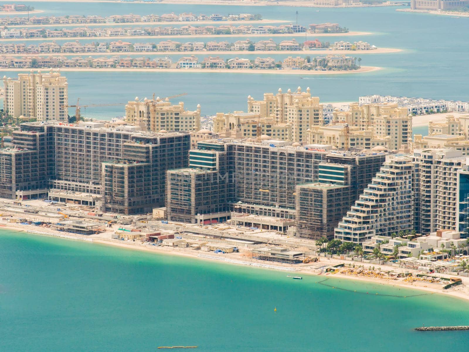 View on residential buildings on Palm Jumeirah island. The Palm Jumeirah is an artificial archipelago in Dubai emirate