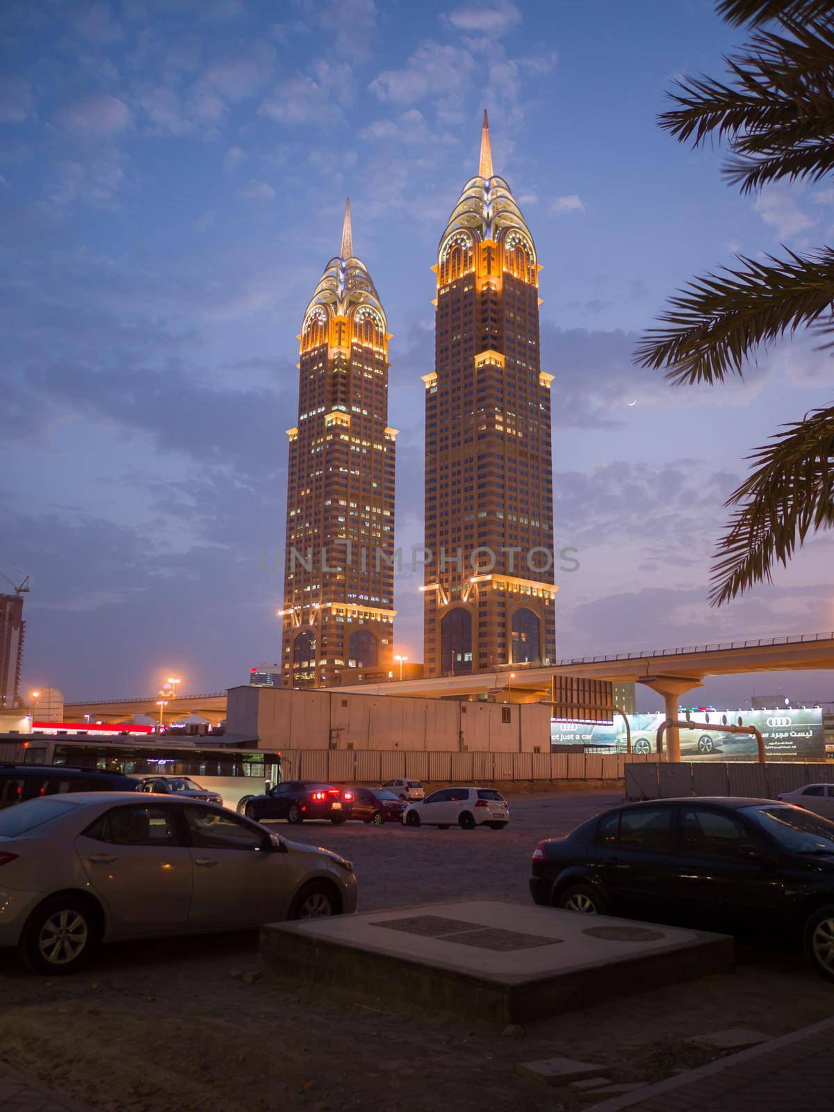 Dubai, UAE - May 15, 2018: Dubai modern architecture on the Sheikh Zayed Road in Dubai city: Al Kazim Towers or Business Central Twin Towers . by DovidPro