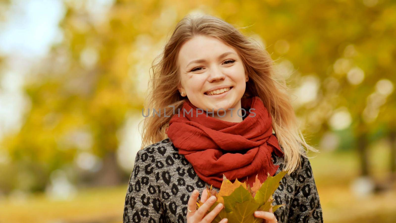 A young girl joyfully posing on the camera with a bouquet of colorful leaves. Walk in the city park in the autumn