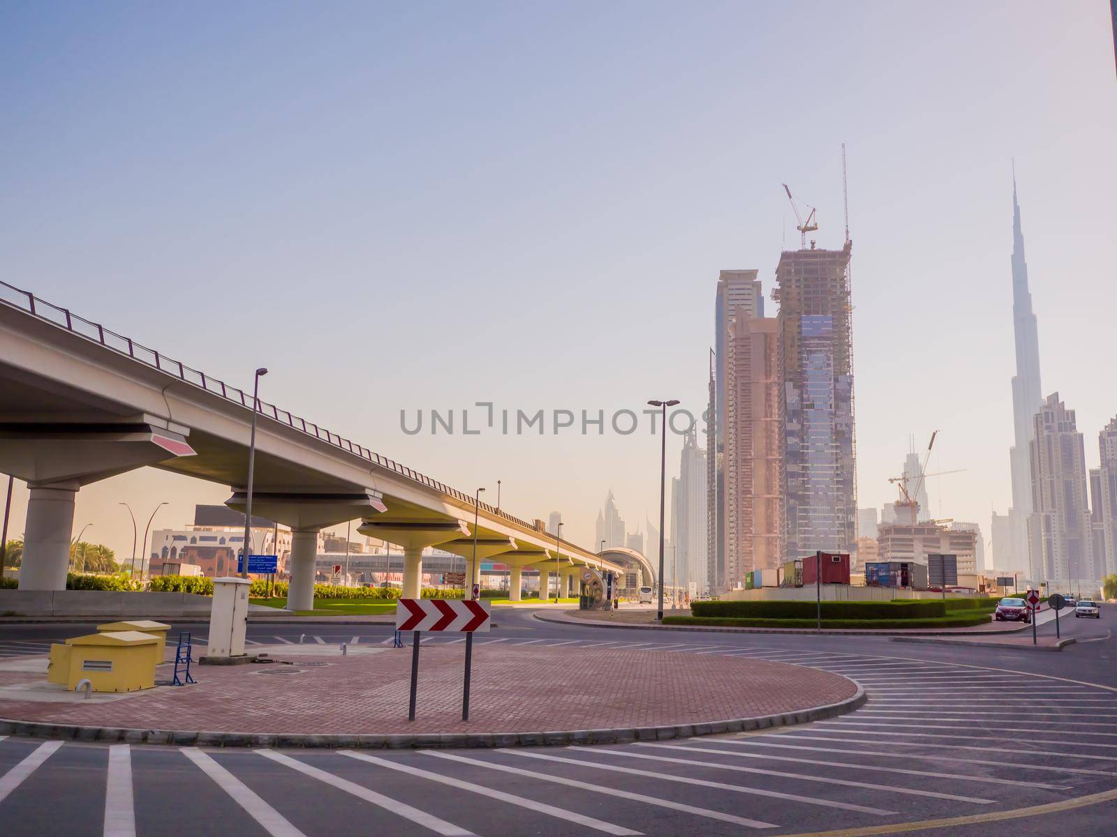 Streets with modern skyscrapers of the city of Dubai