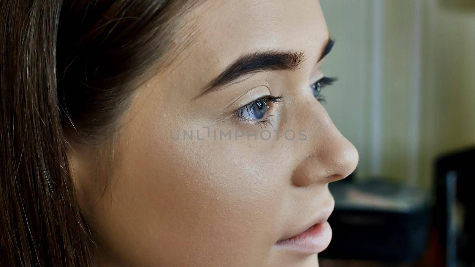 Eyebrows Care. Closeup Of Woman Beautiful Blue Eye, Perfect Shaped Brow, Long Eyelashes With Professional Makeup And Brow Gel Brush. Young Female Model Shaping Brown Eyebrows. High Resolution Image.