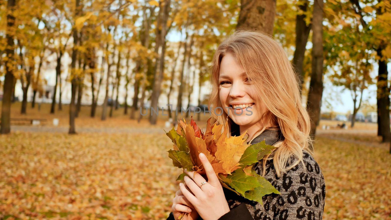 A young girl joyfully posing on the camera with a bouquet of colorful leaves. Walk in the city park in the autumn