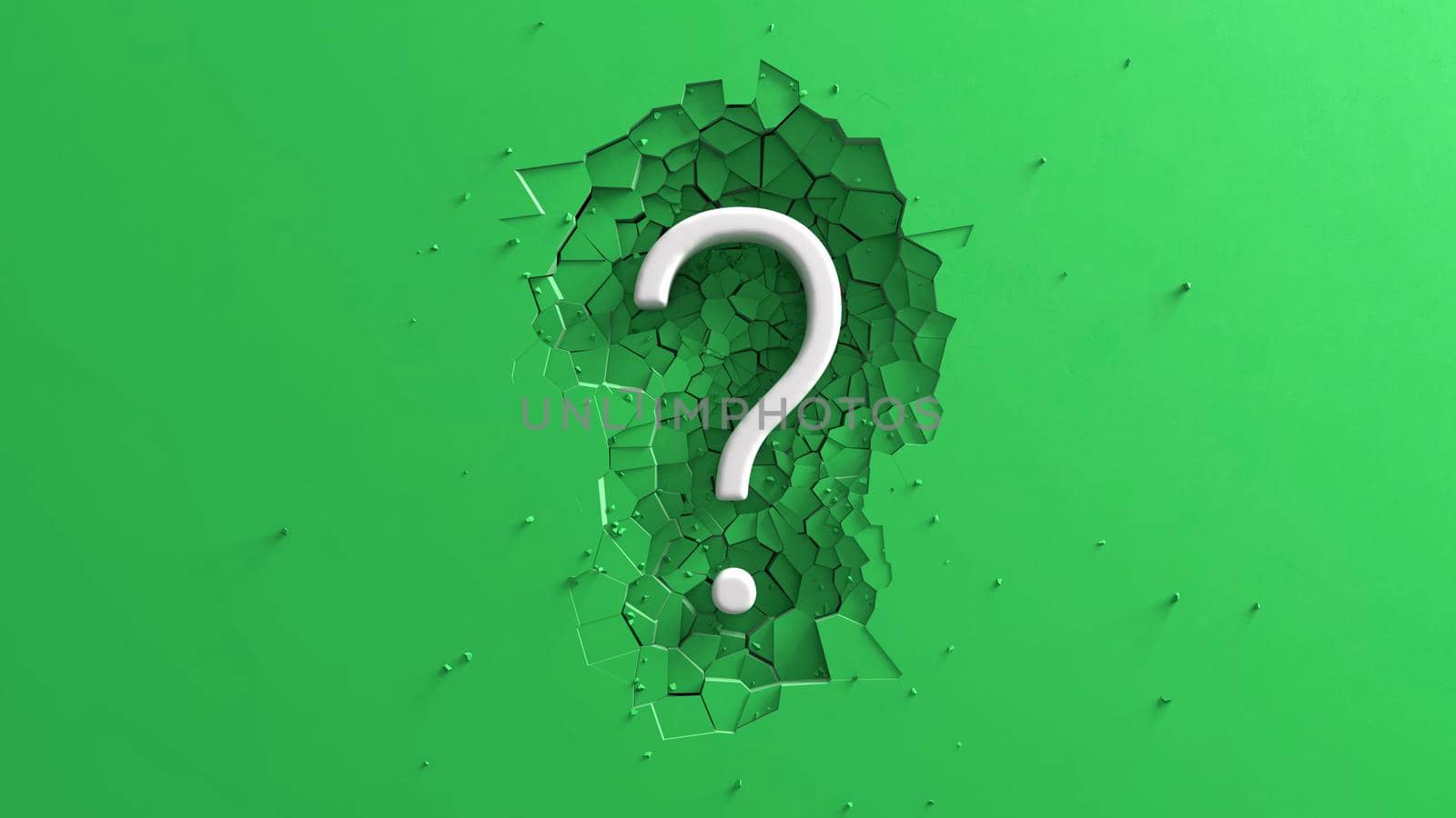 Large White Question mark symbol on Green background with impact effect breaking floor 3D render.
