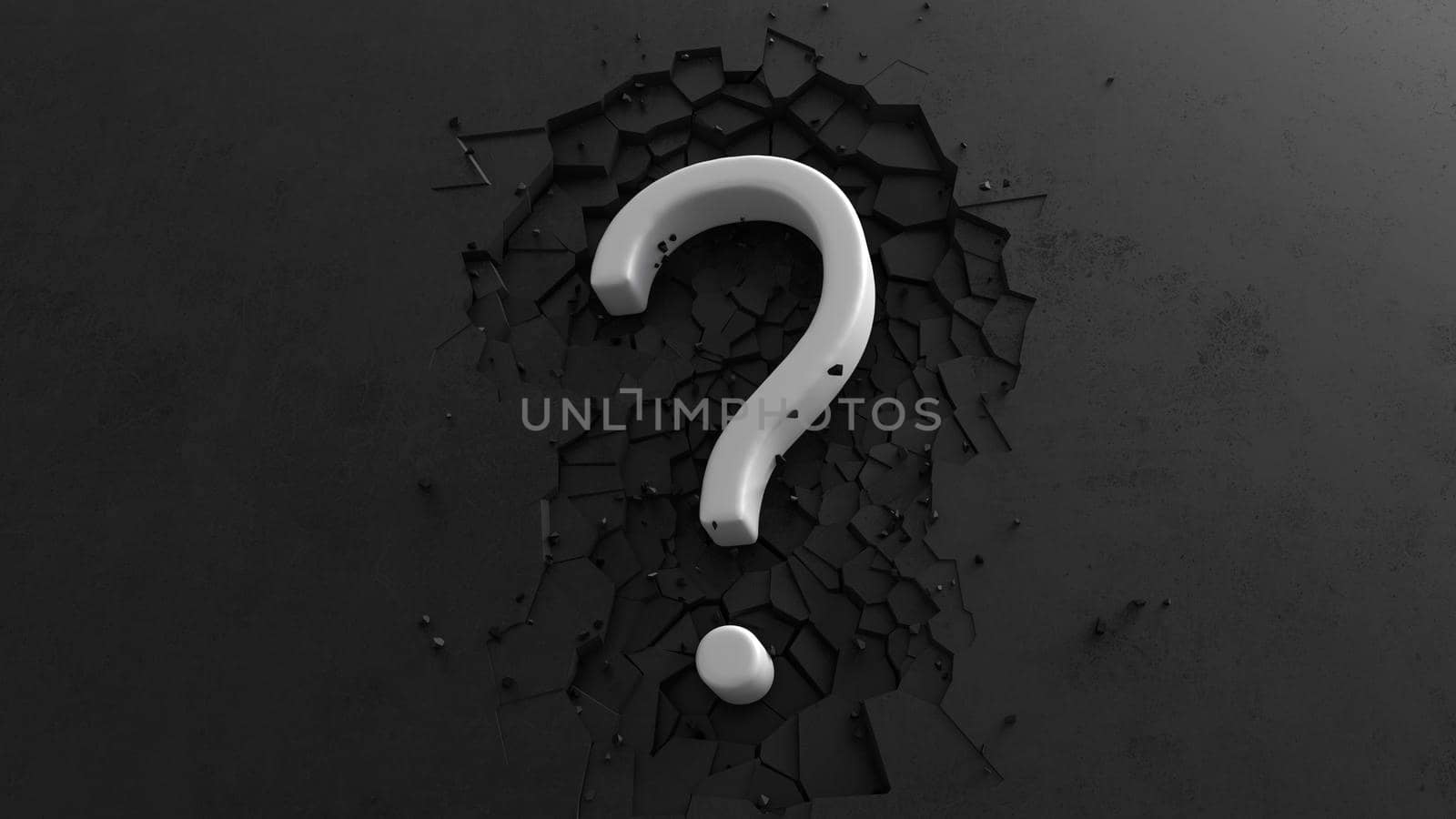 Large White Question mark symbol on Dark background with impact effect breaking floor 3D render.