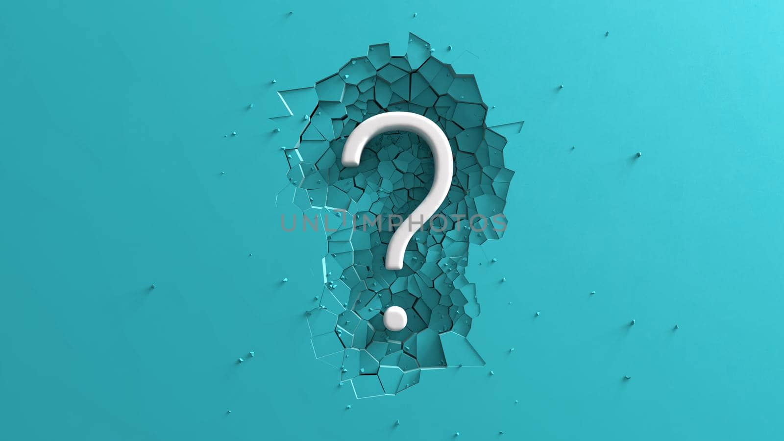 Large White Question mark symbol on Teal background with impact effect breaking floor 3D render.