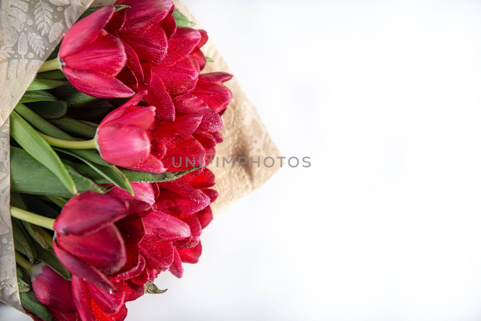 Top view of red bouquet tulips isolated on white with empty place for your text by marynkin