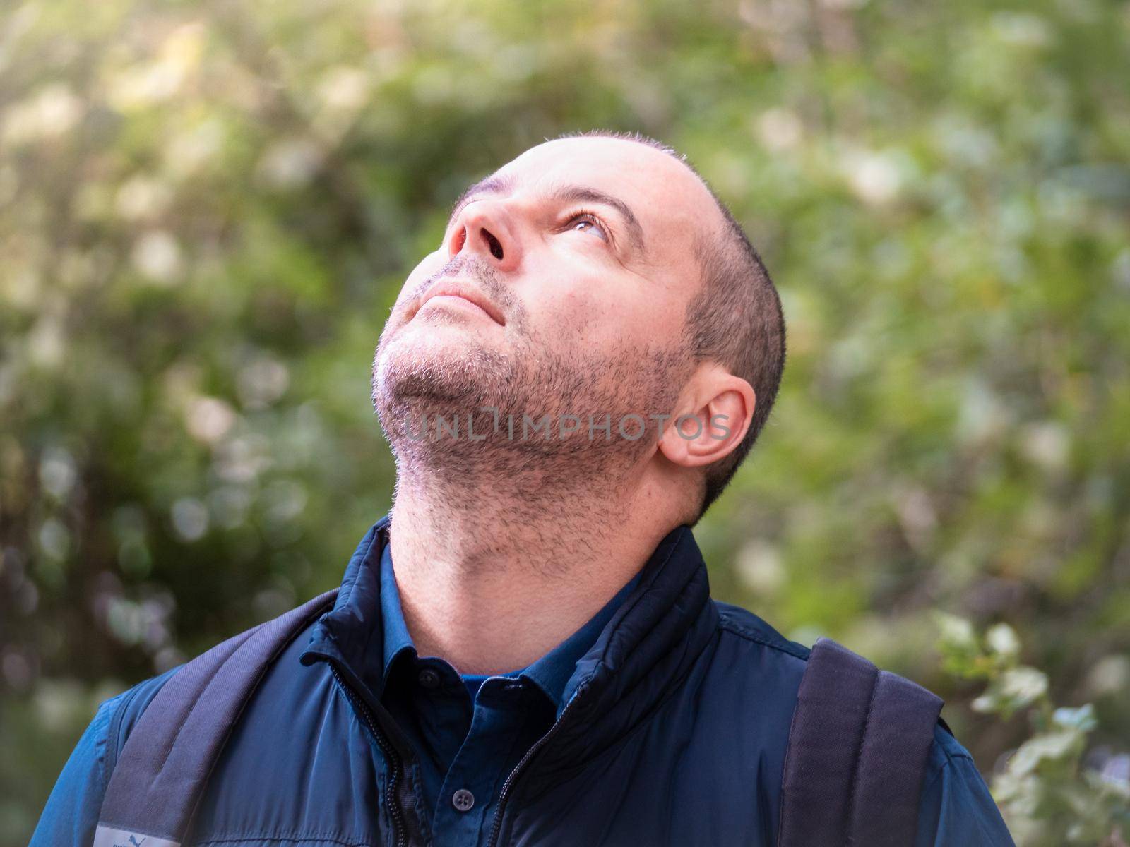brunette man stands in the forest in nature and looks up.