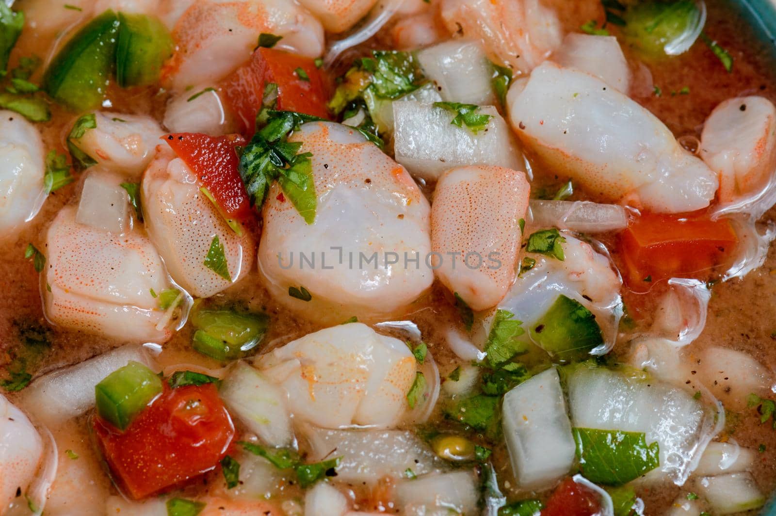 Red Shrimp Ceviche, close up Mexican food, low key by RobertPB
