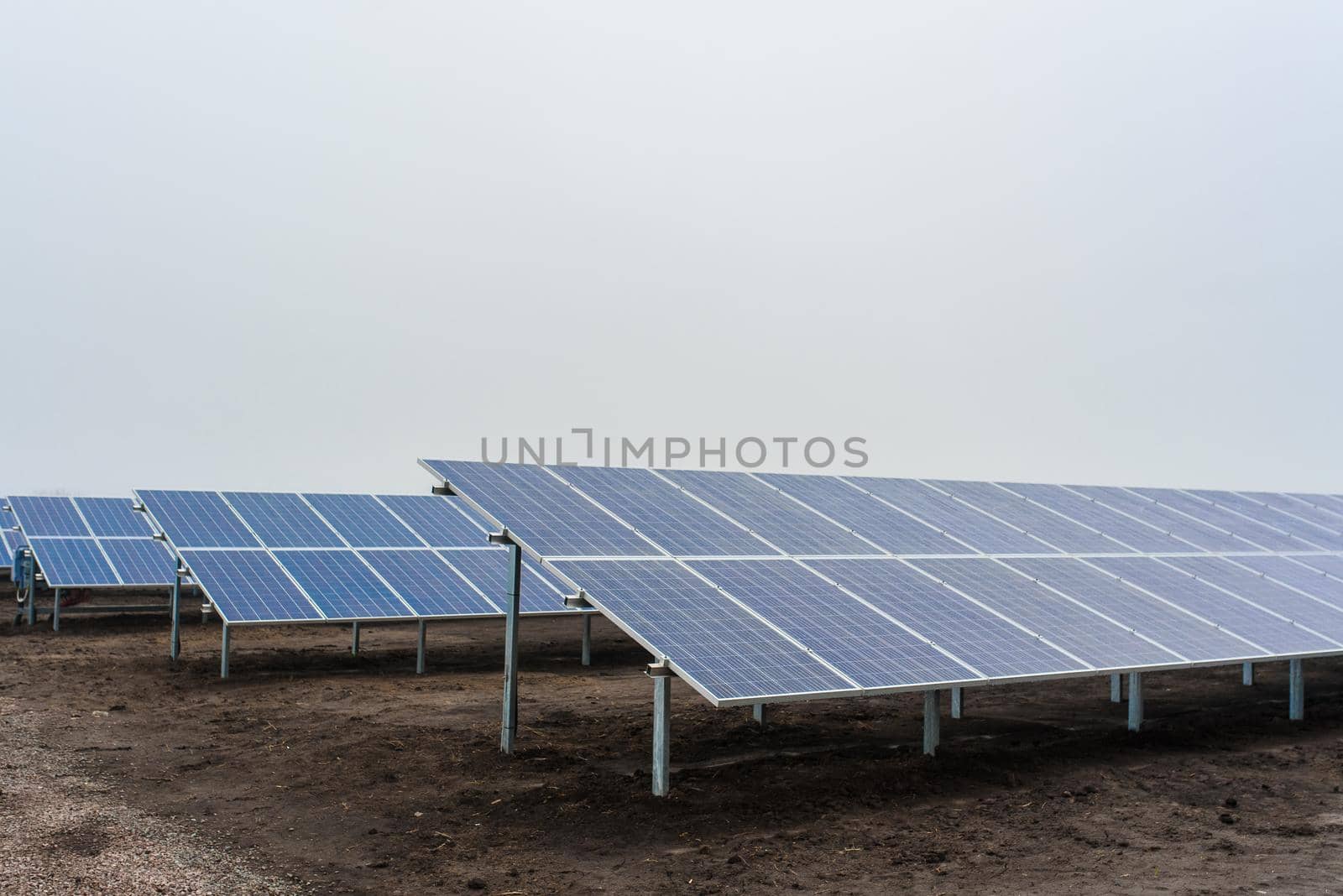 Ecological green energy. solar panels plant mounted on the ground. by Rabizo