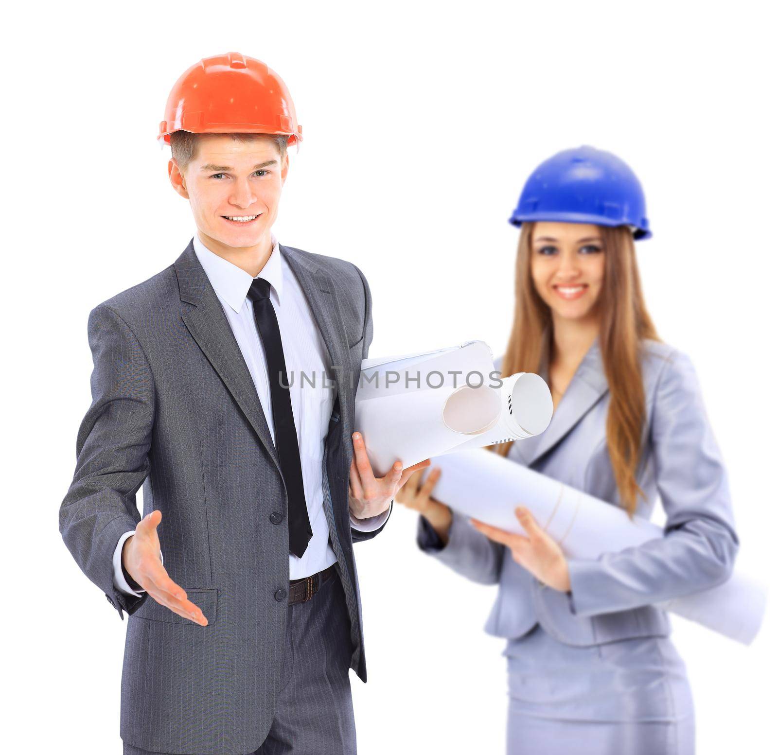 Construction workers group. Isolated over white background.