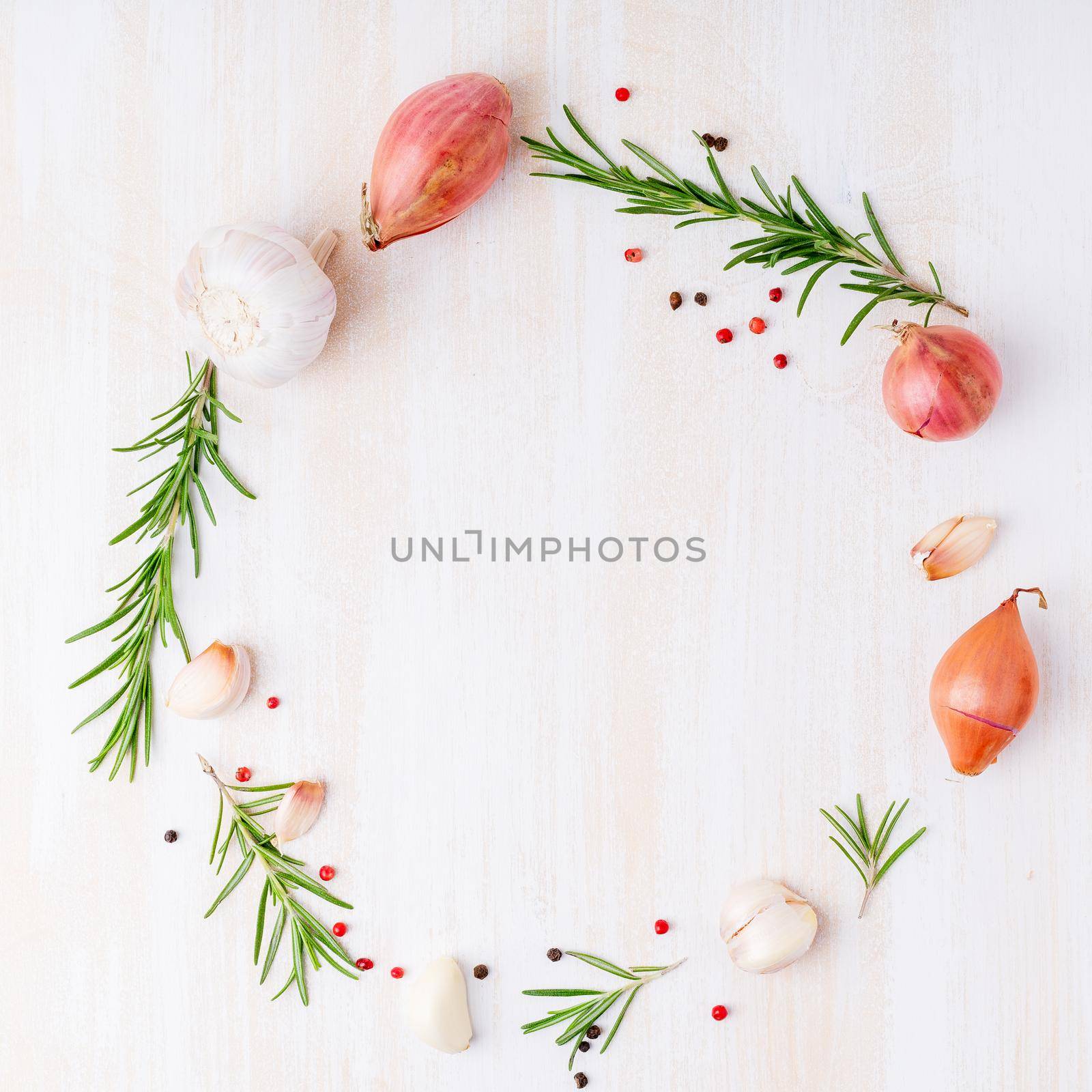 Round frame with seasonings. Ring food background with spices, rosemary by NataBene