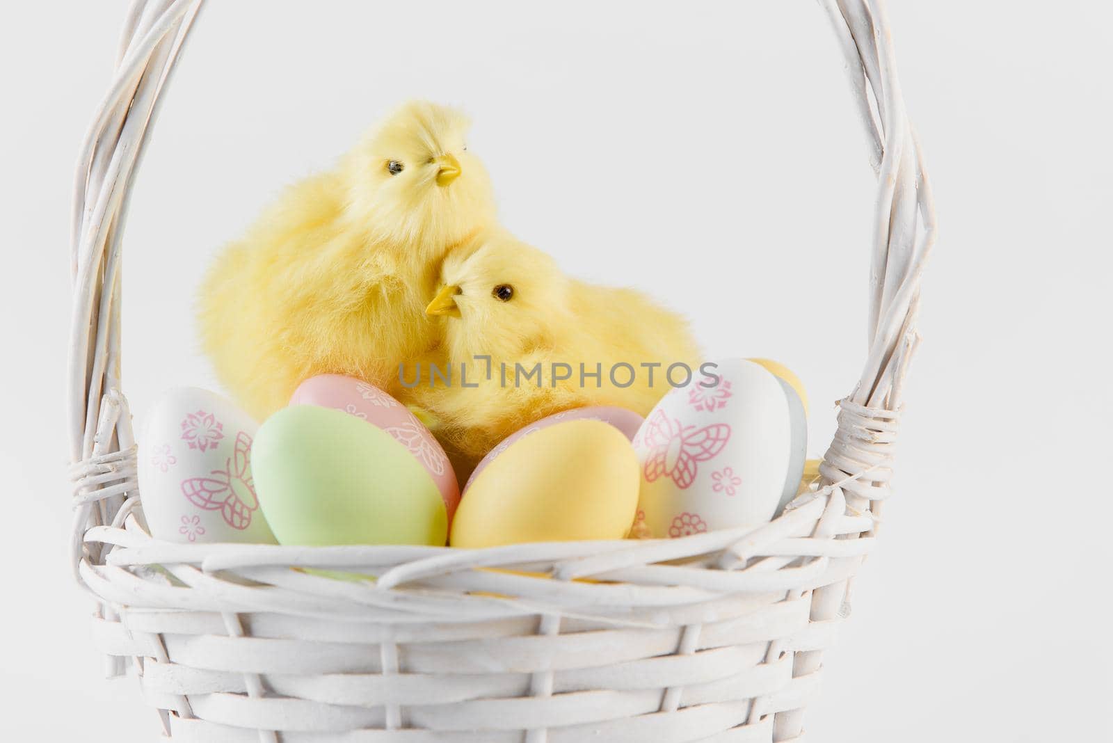 Happy Easter. Congratulatory easter background. Easter eggs and flowers