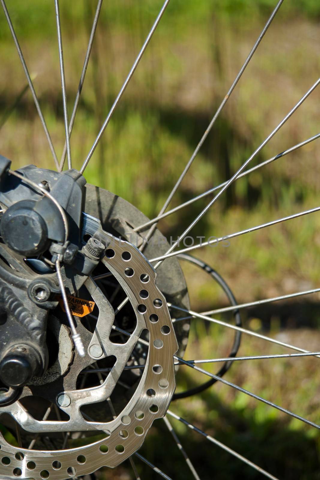 Close up Rear disc brakes for bicycle. Detail of breaking mechanism.