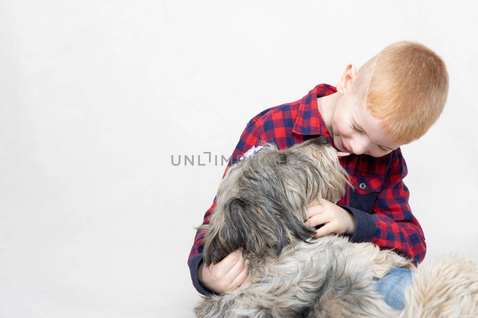 a red-haired boy sits and hugs his favorite shaggy dog and smiles at her. The pet licks the boy's face with its tongue