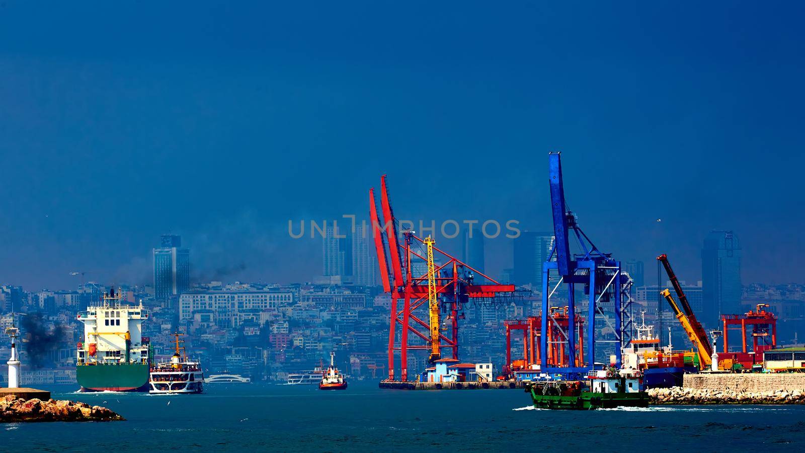 Istanbul, Turkey - 05.05.2022: Haydarpasa Port and Container Terminal in Kadikoy Seaside in Istanbul, Turkey. Terminal is main trading port in Asian side of the city.