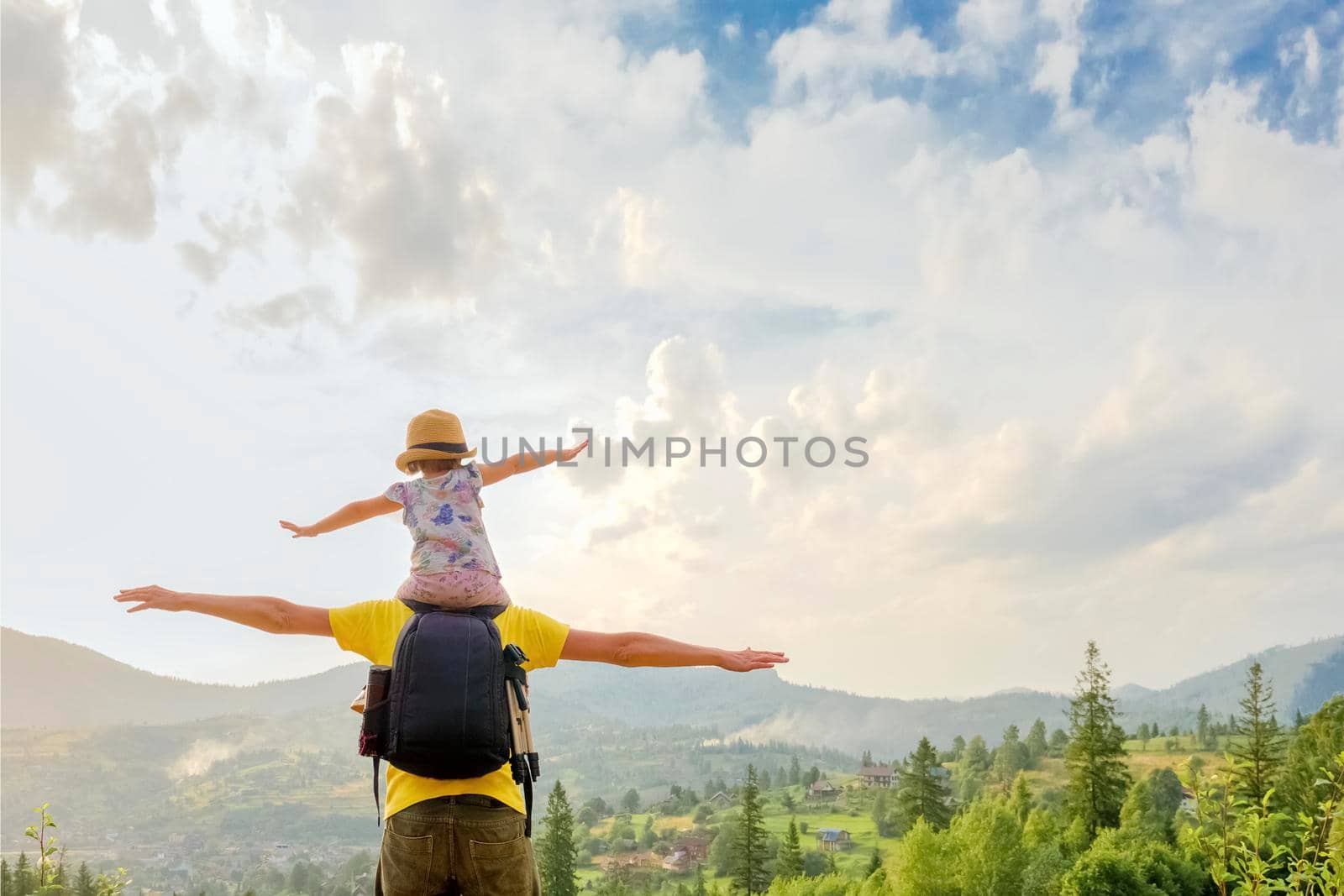 Freedom mountain children hiking trail walking hills. Piggyback ride father child travel mountain kids freedom child on shoulders dad and daughter father walking hiking trip nature kid arms spread out by synel