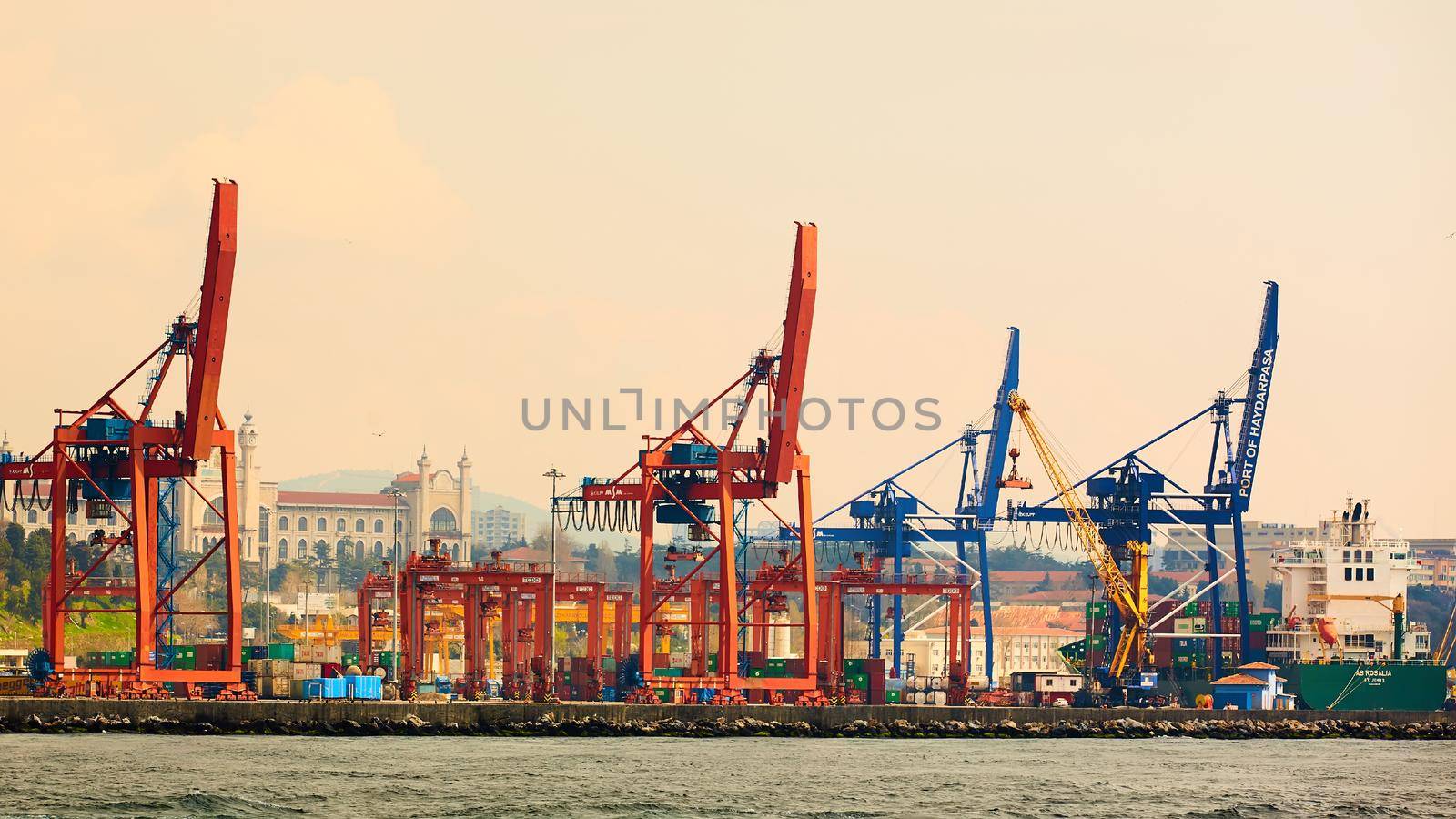 Istanbul, Turkey - 05.05.2022: Haydarpasa Port and Container Terminal in Kadikoy Seaside in Istanbul, Turkey. Terminal is main trading port in Asian side of the city.