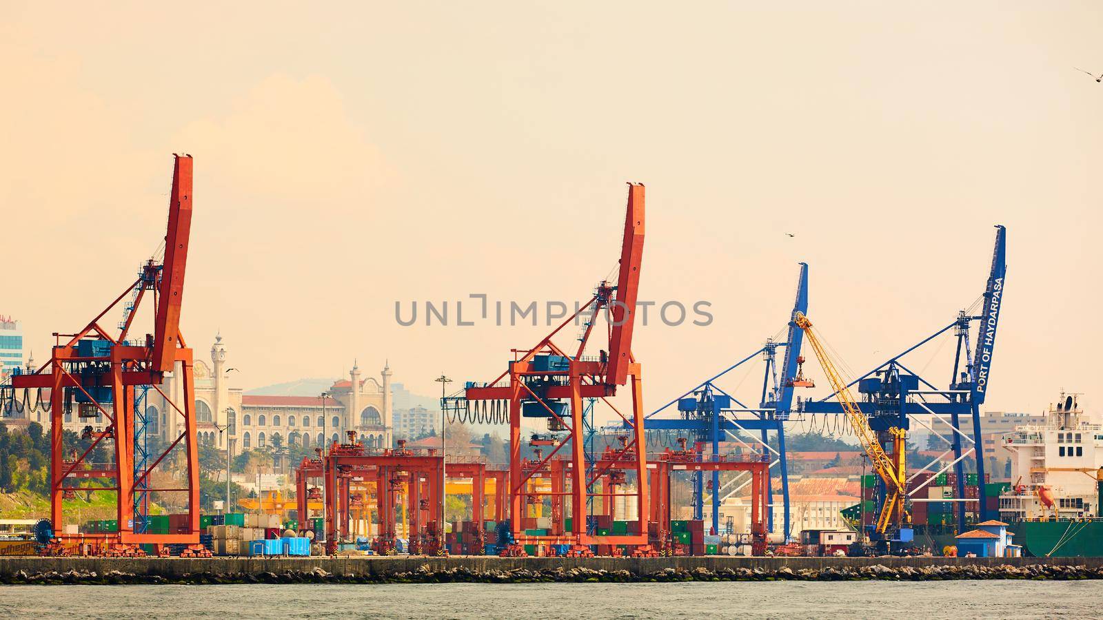 Haydarpasa Port and Container Terminal in Kadikoy Seaside in Istanbul, Turkey. Terminal is main trading port in Asian side of the city.