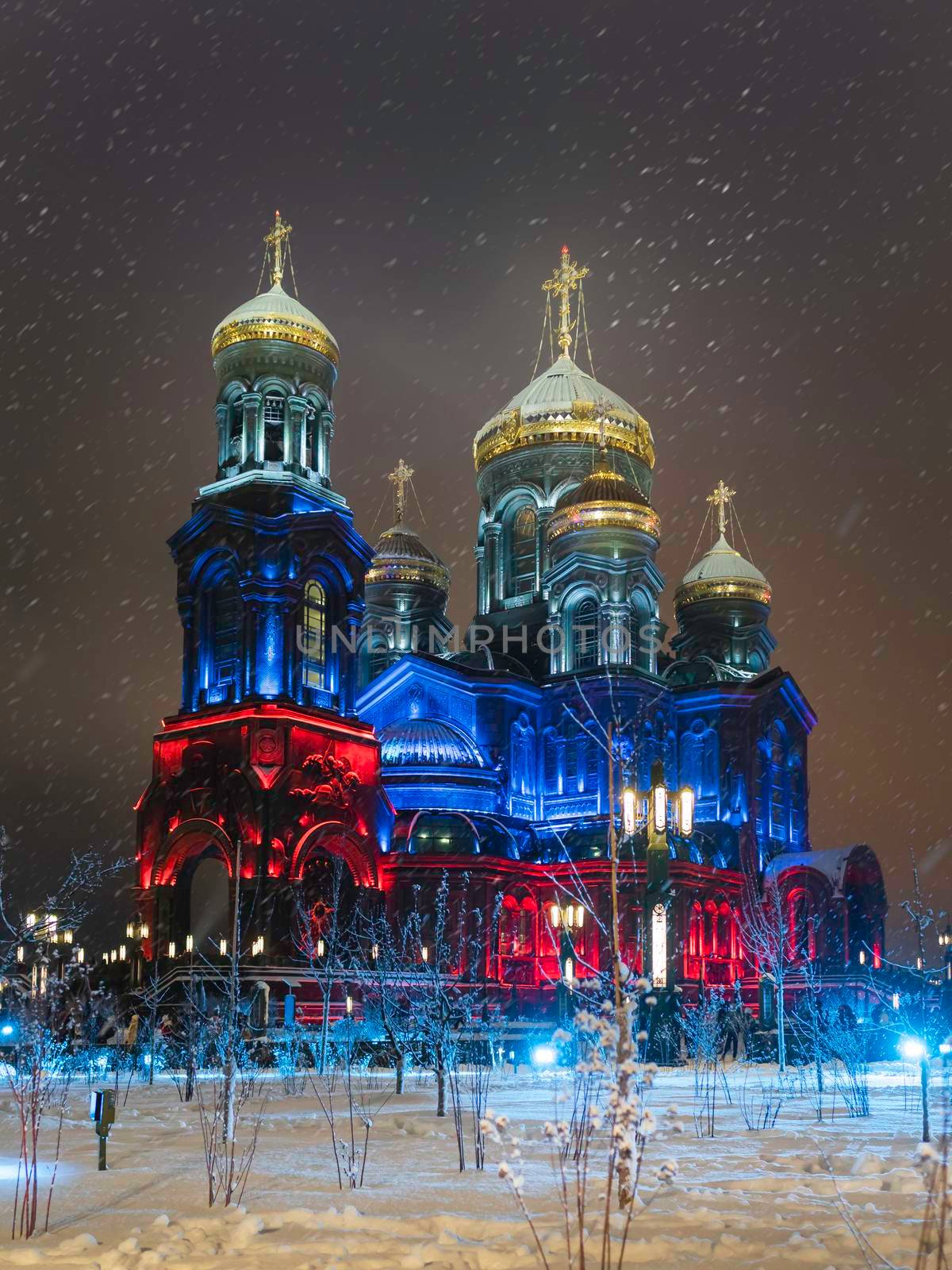 ODINTSOVO, RUSSIA - January 03, 2021. Night view of illuminated Main Cathedral of the Russian Armed Forces in Patriot public park.