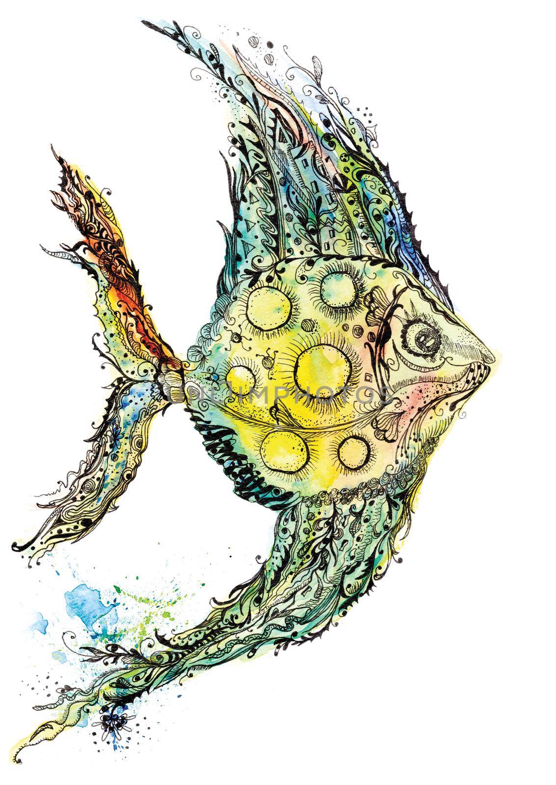 Creative ink and aquarelle colorful painting with moon fish