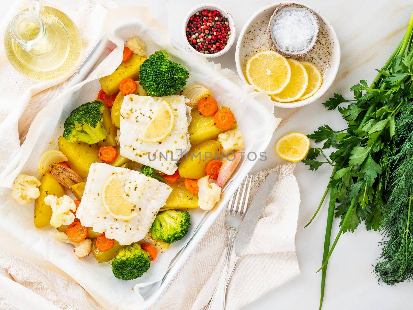 Fish cod baked in the oven with vegetables - healthy diet healthy food. Light by NataBene