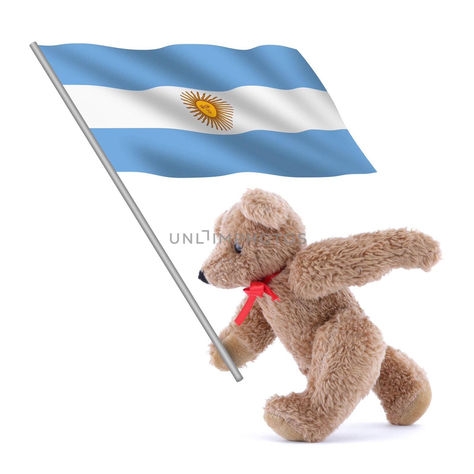 An Argentina flag being carried by a cute teddy bear blue white stripes yellow Sun of May