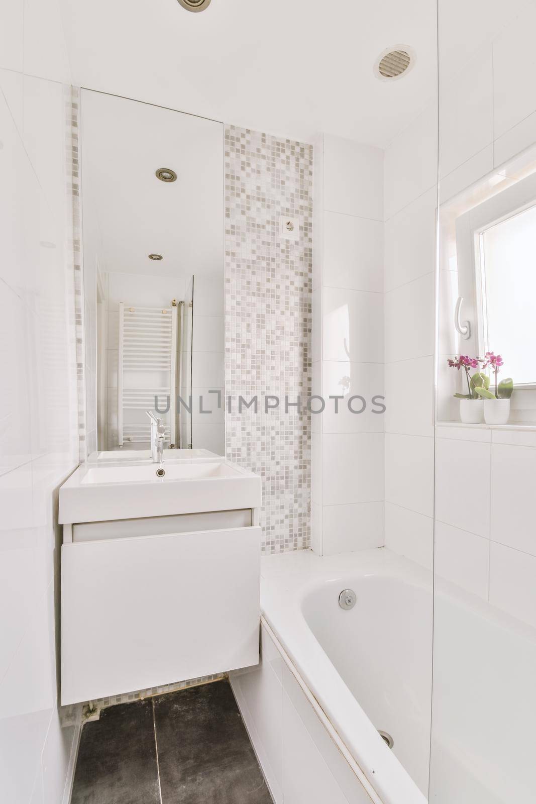 Bathtub and sink separated by a glass wall by casamedia