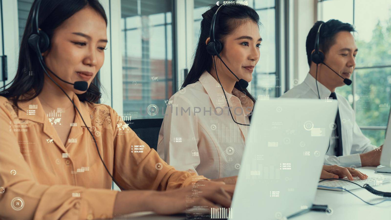 Customer support call center provide data in conceptual vision . Business and communication technology concept .
