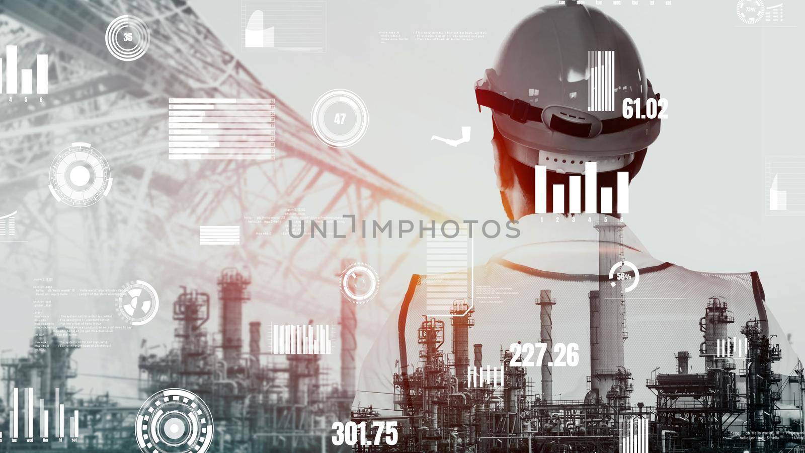 Future factory plant and inventive energy industry concept in creative graphic design. Oil, gas and petrochemical refinery factory with hologram showing next generation of power and energy business.