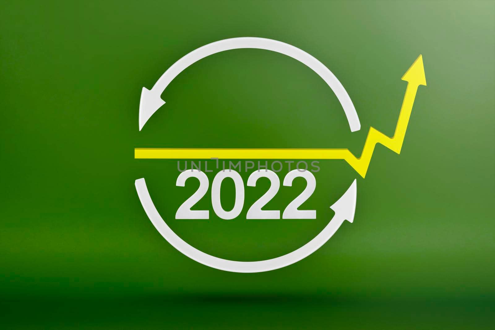 Ecology, recycling symbol 2022, white arrows form a circle. 3D image on a green background. Green products, green renewable energy, graph pointing up and down by SERSOL