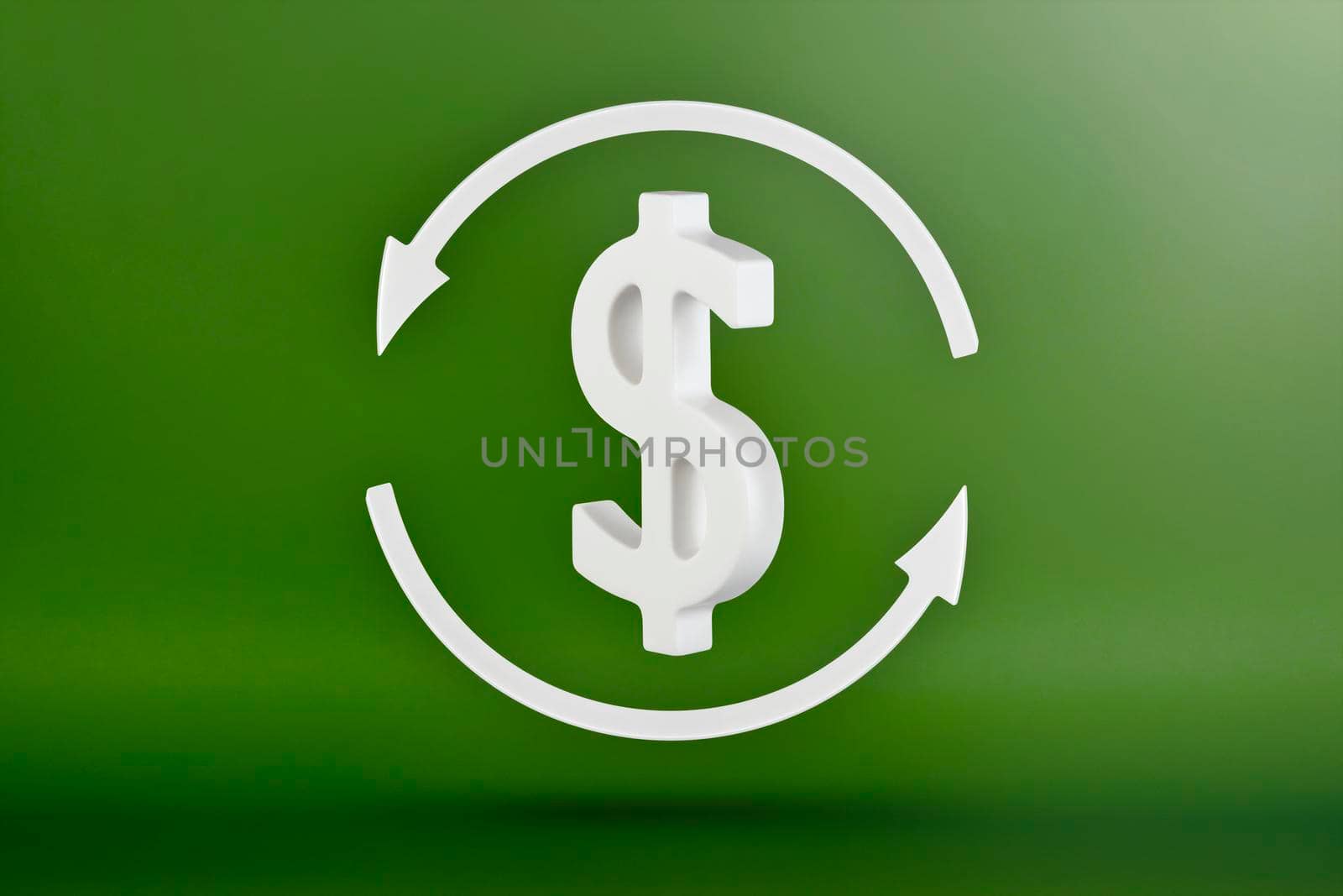 Dollar recycling. Currency exchange, US dollar exchange rate. Arrows around the dollar icon. 3D image on a green background