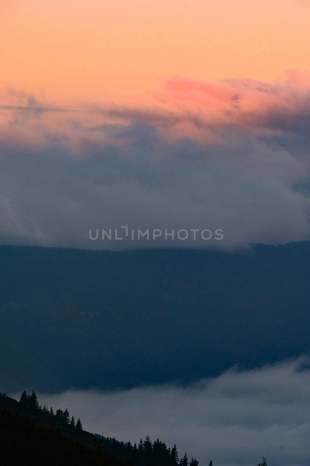 Dawn in the mountains, clouds covered the slopes of the Carpathians, a tourist trip to the Carpathians.