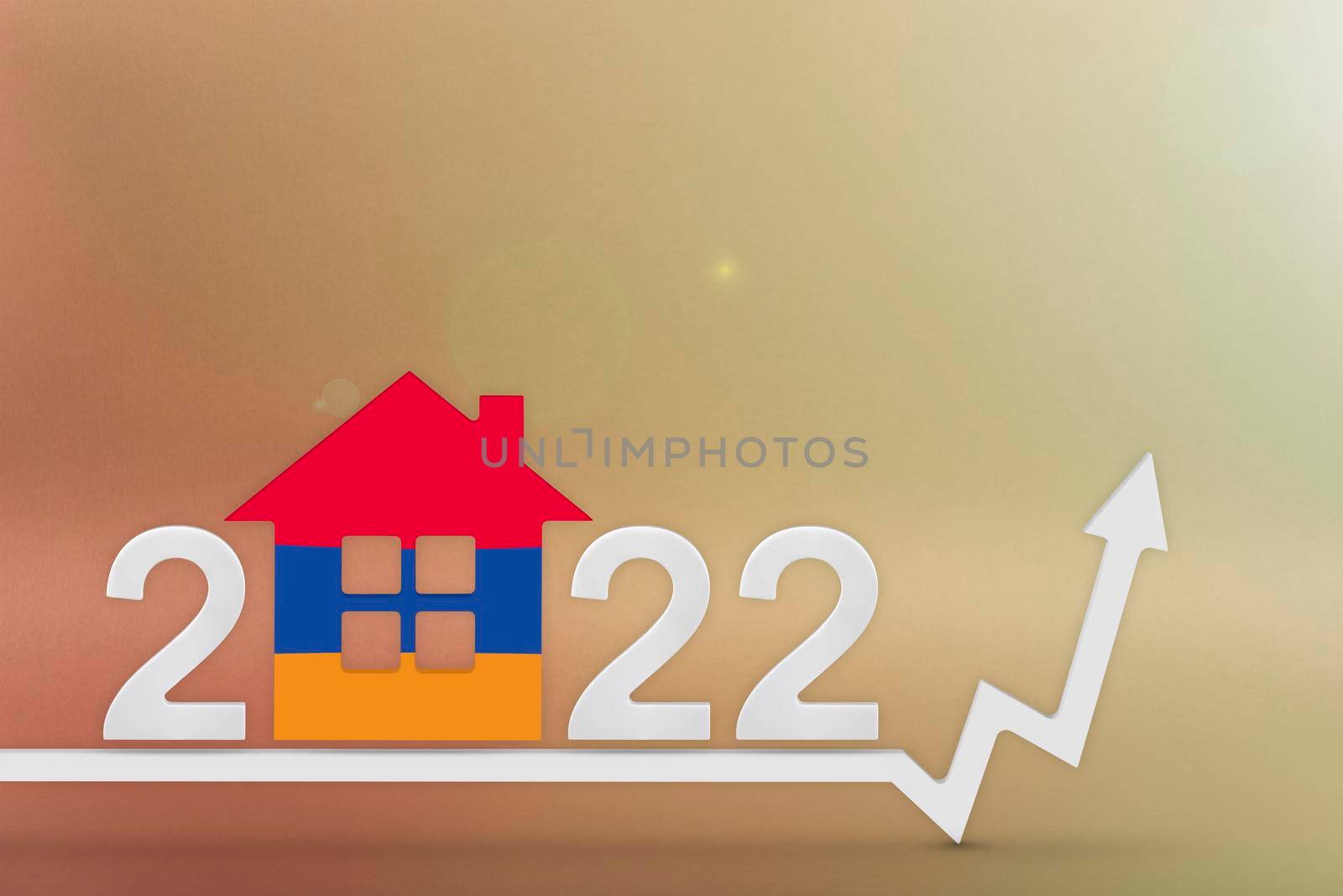 The cost of real estate in Armenia in 2022. Rising cost of construction, insurance, rent in Armenia. House model painted in flag colors, up arrow on yellow background by SERSOL