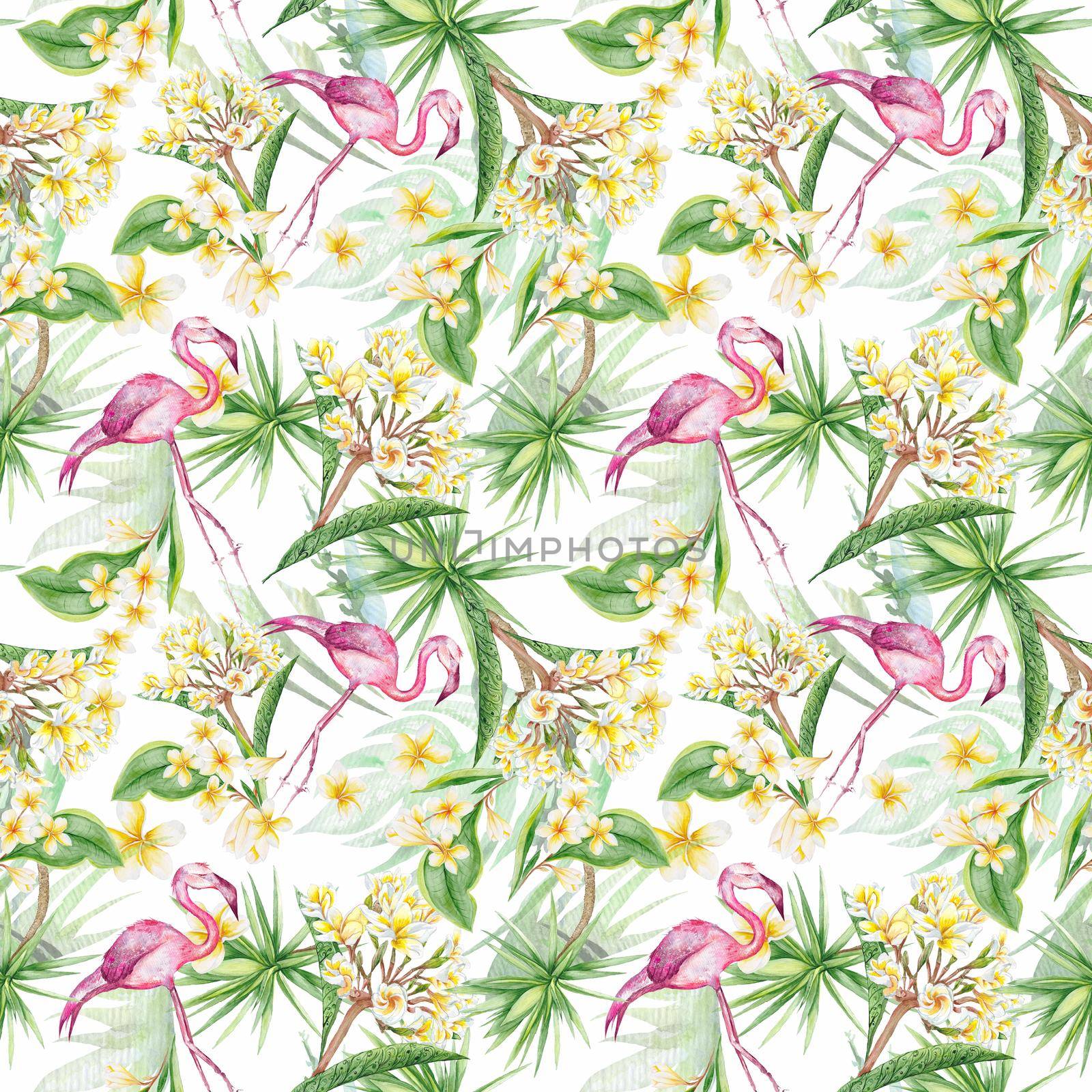 Tropical flamingo and plumeria flowers seamless pattern by kisika