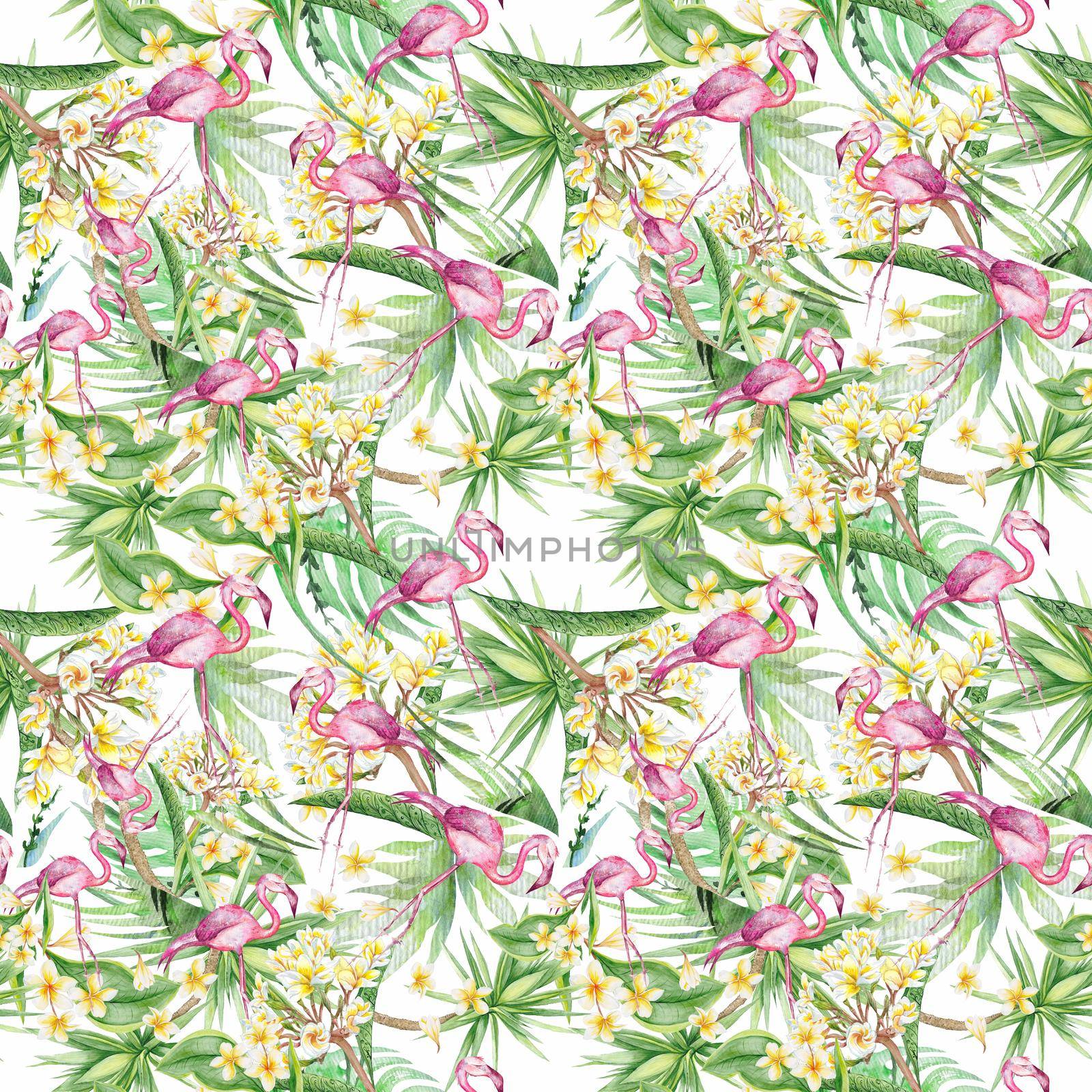 Tropical flamingo and plumeria flowers seamless pattern by kisika