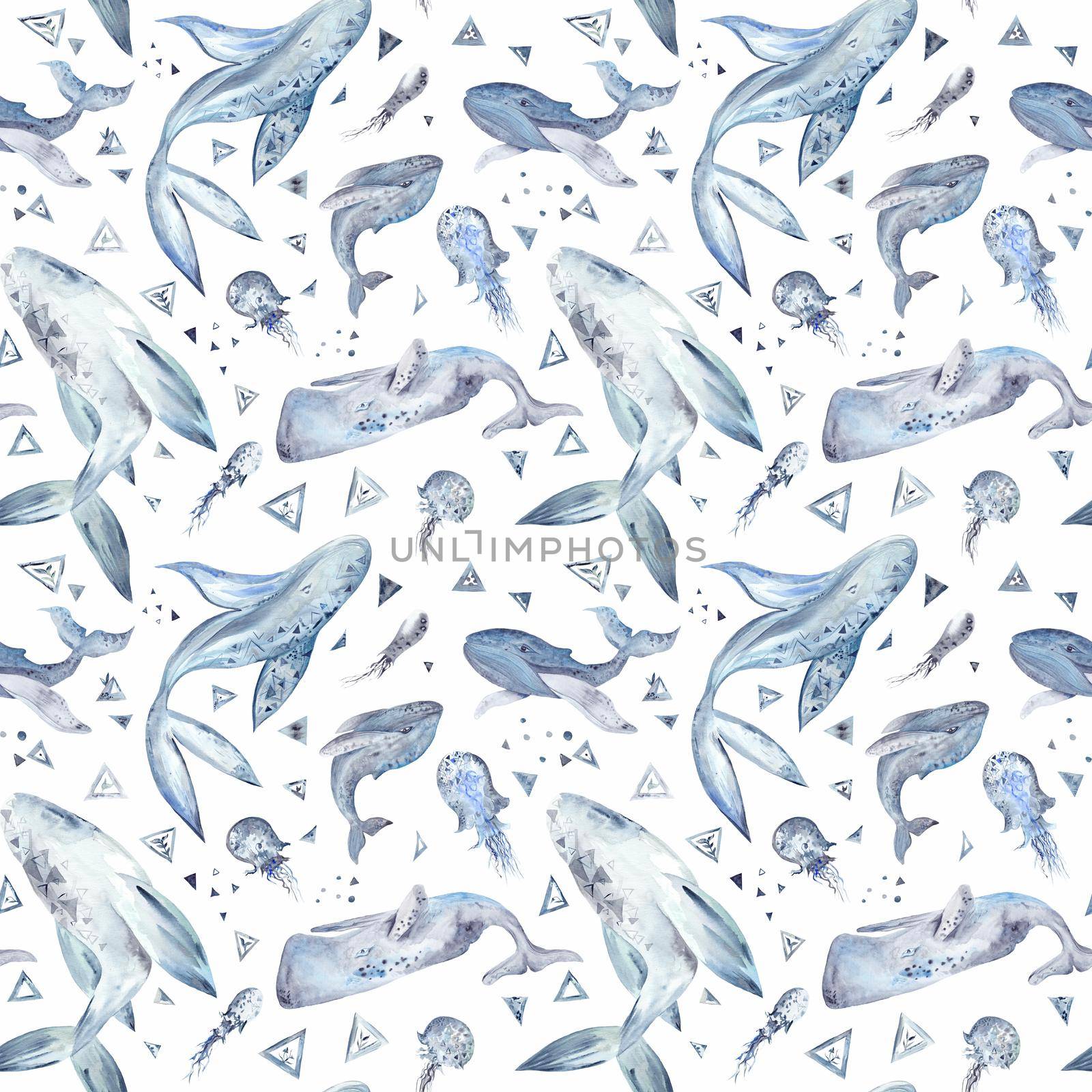 Space Whale Watercolor Pattern on white background by kisika