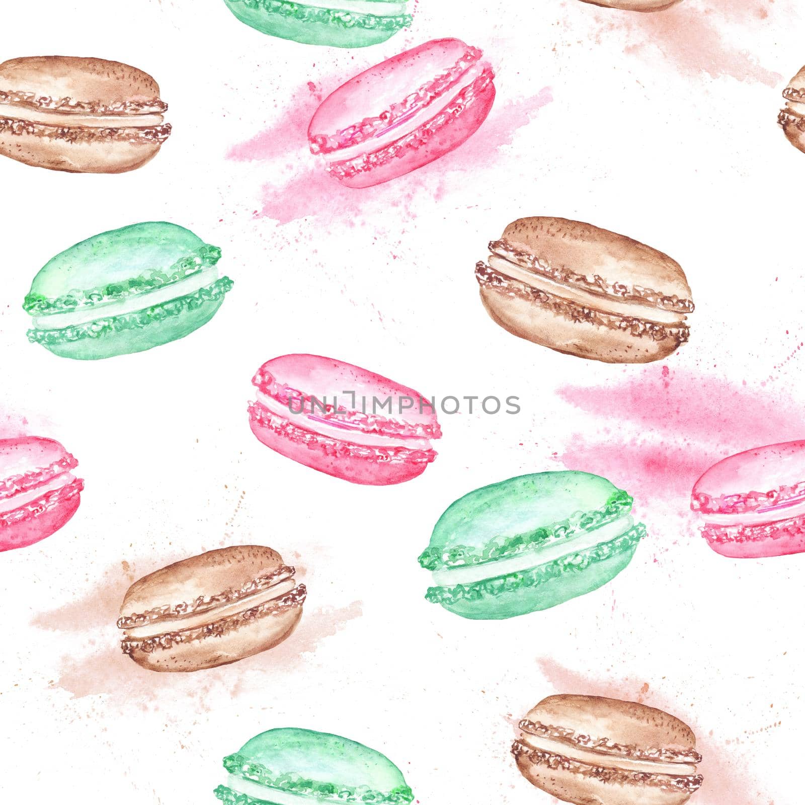 Watercolor delicious Macaroon Cake illustration seamless background by kisika