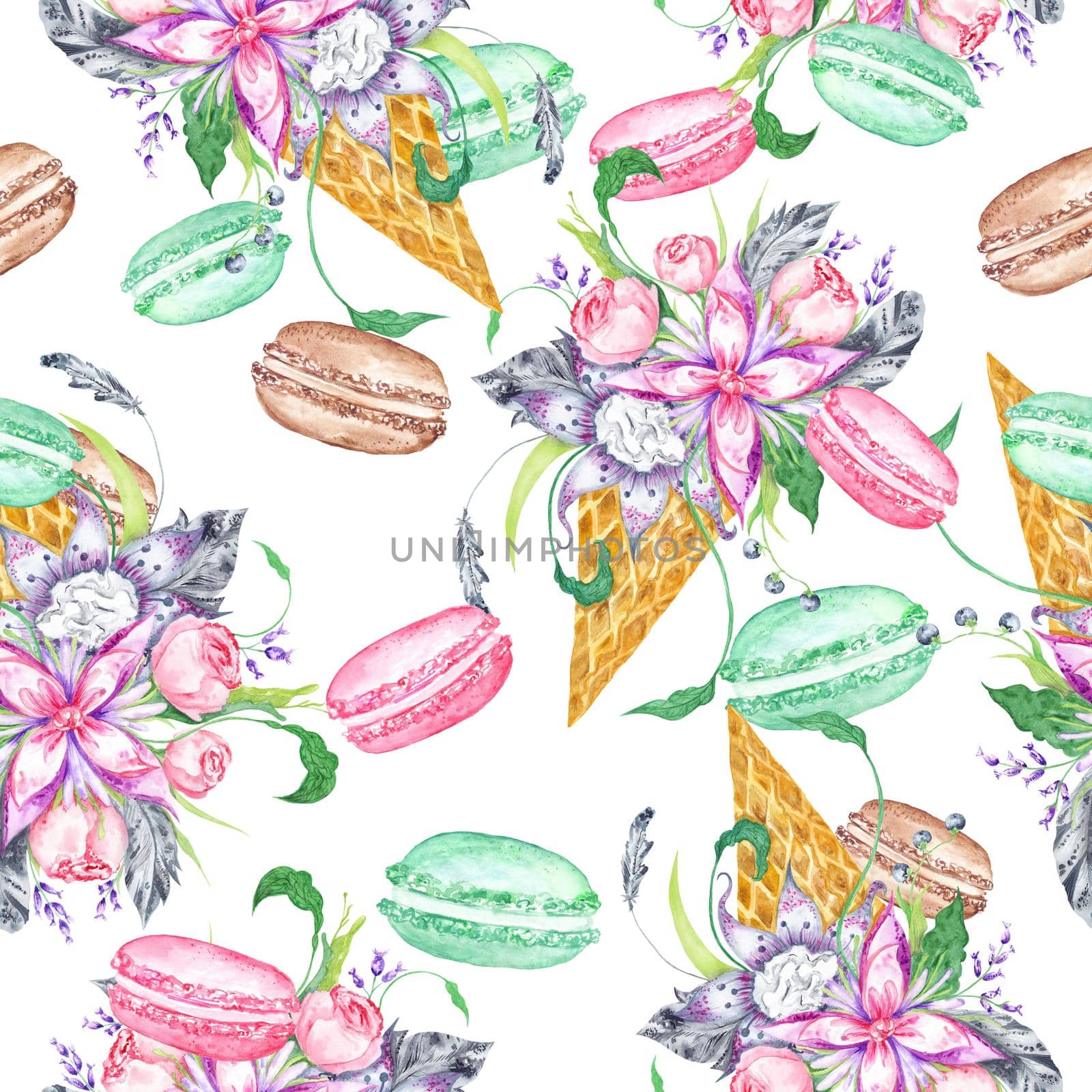 Seamless background with pink peony, lilac flowers, grey feathers