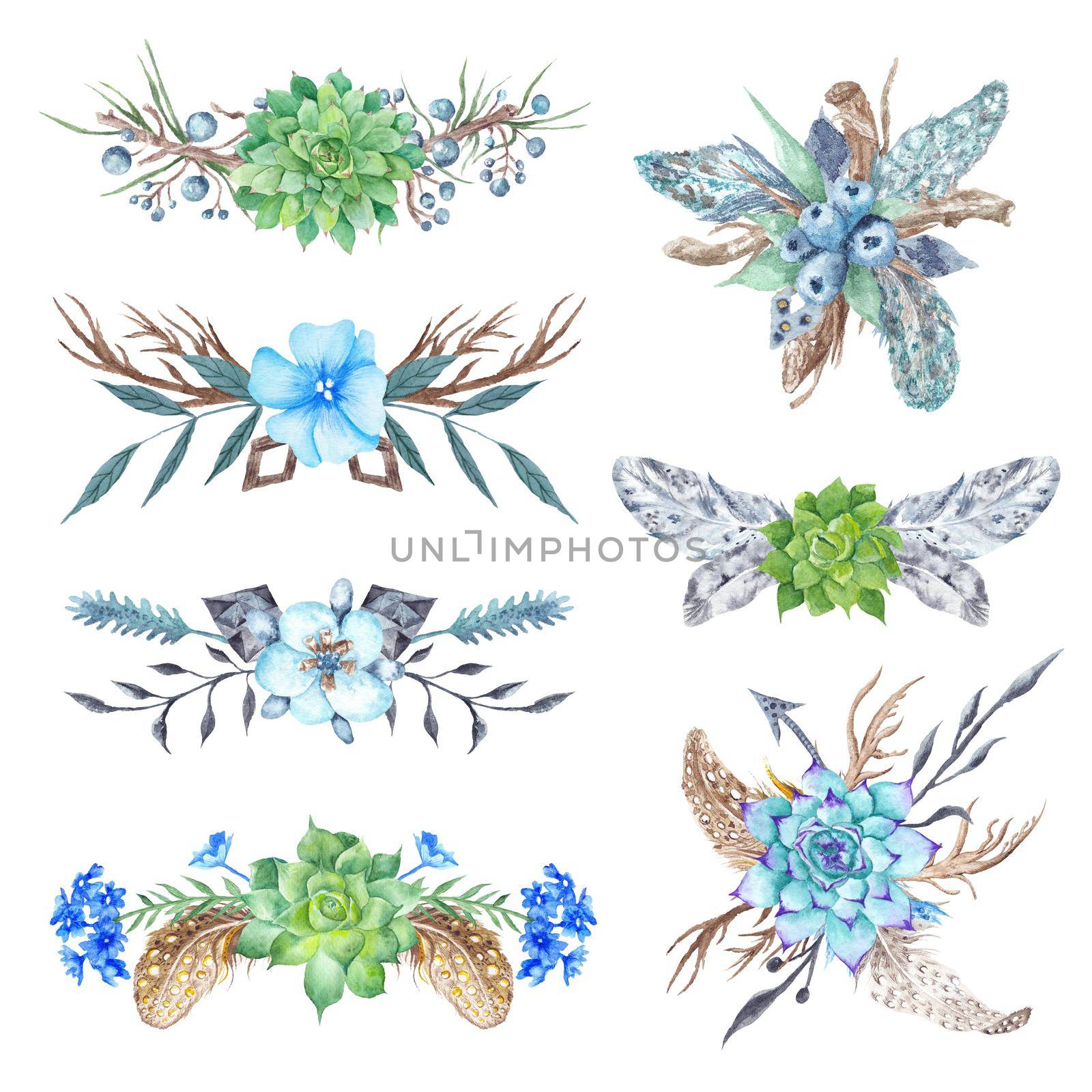 Collection of stylish watercolor hand-painted feathers, florals, arrows and triangles in boho style