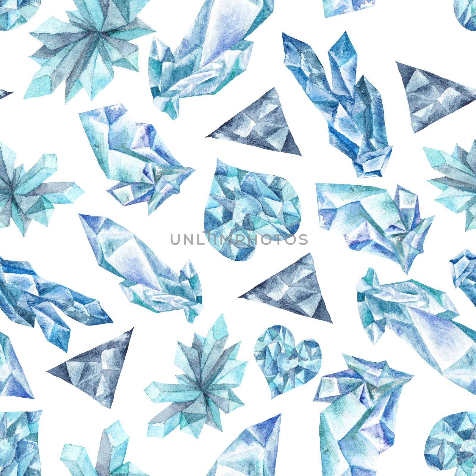 Watercolor Pattern with blue gems on white background by kisika