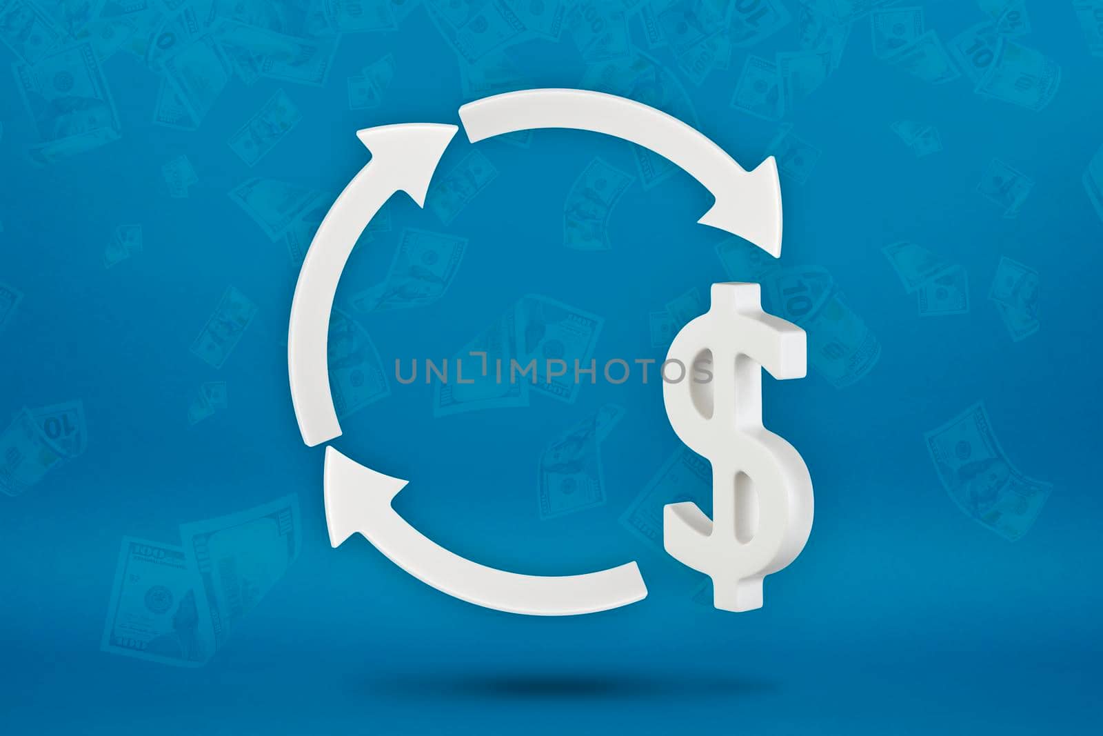 Dollar recycling. Currency exchange, US dollar exchange rate. Arrows around the dollar icon. 3D image on a blue background