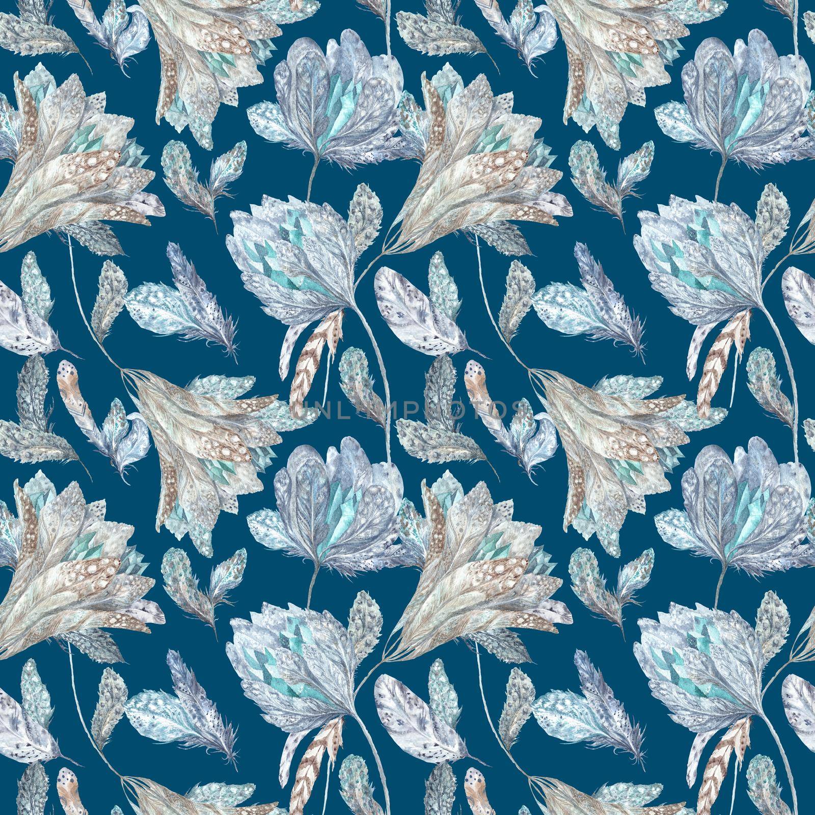 Seamless texture with feathers, flowers and crystals for textile and wallpaper design