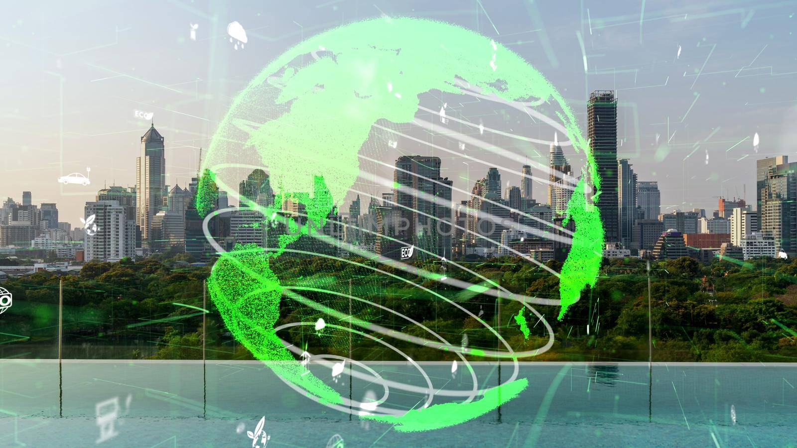 Green city technology shifting towards sustainable alteration concept by clean energy , recycling and zero waste management to reduce pollution generation and achieve ESG goals .