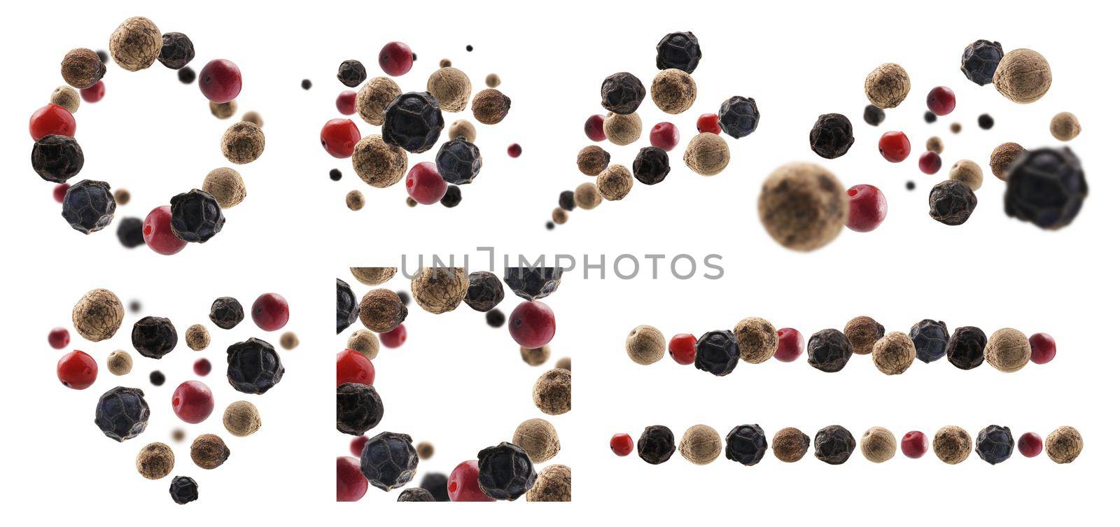 A set of photos. Mixed of peppers hot, red, black, white and green pepper isolated on white background.