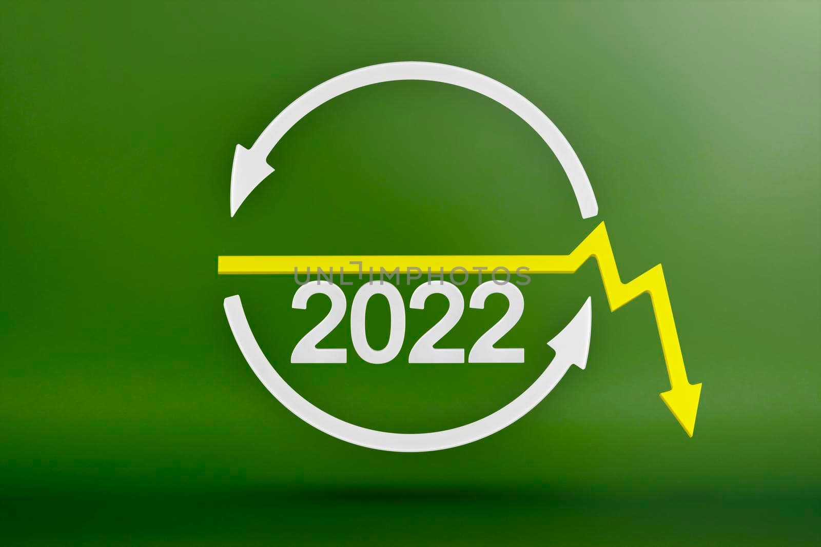 Ecology, recycling symbol 2022, white arrows form a circle. 3D image on a green background. Green products, green renewable energy, graph pointing up and down.