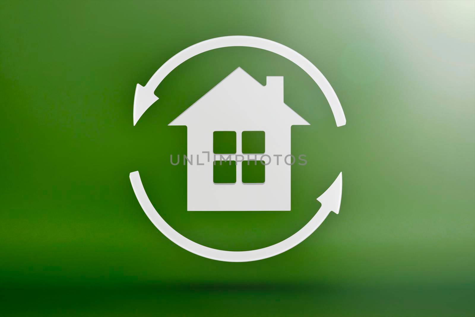 White eco house with recycling symbol, real estate. White house with recycling icon for ecological system. 3D image of a house model on a green background.