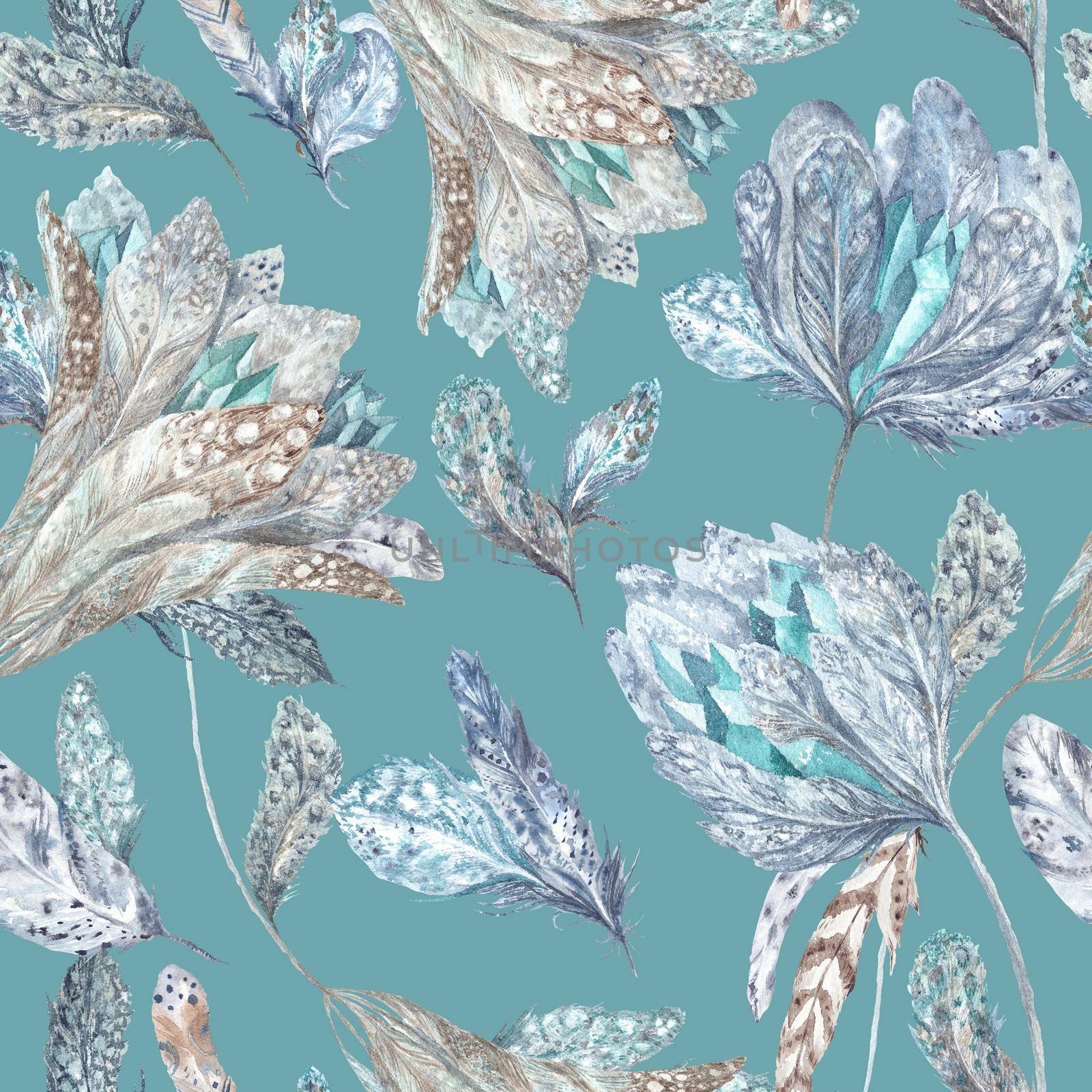 Seamless texture with feathers, flowers and crystals for textile and wallpaper design