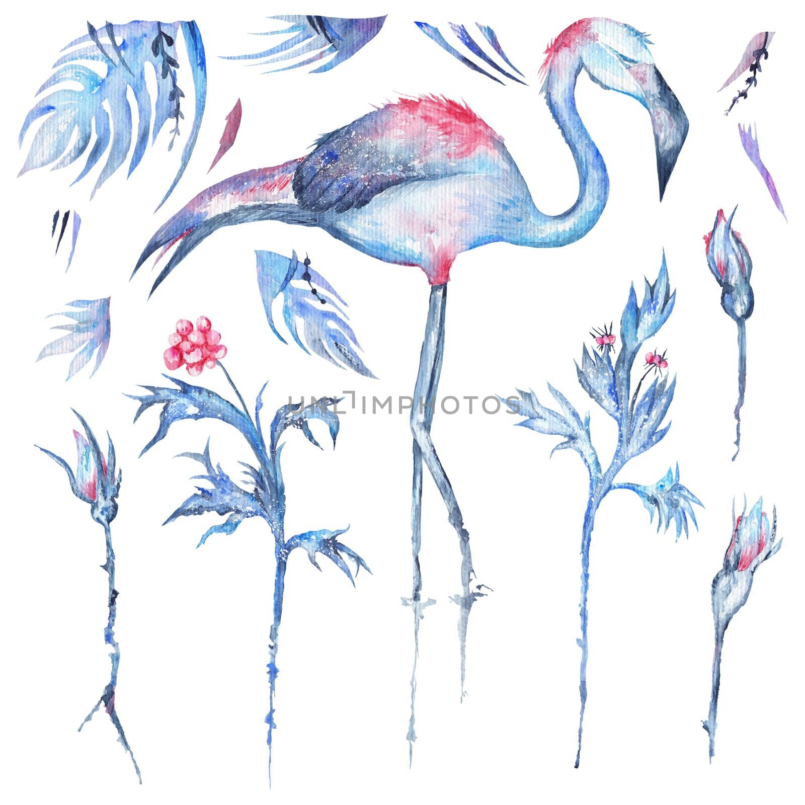 Exotic palm leaves, roses and flamingo bird set isolated on white background