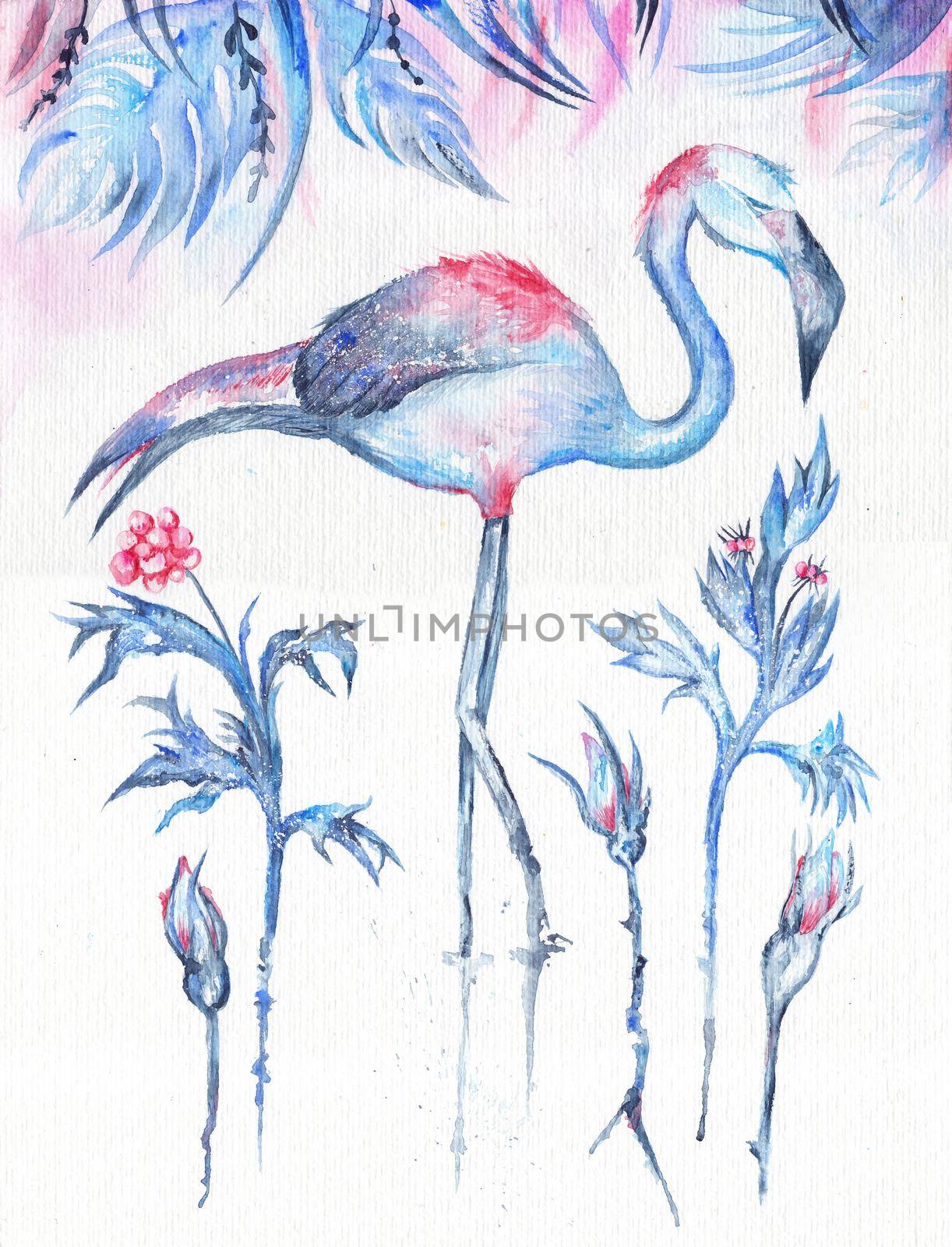 Blue exotic winter painting with flamingo, rose flowers and berries under leaves on white textured background